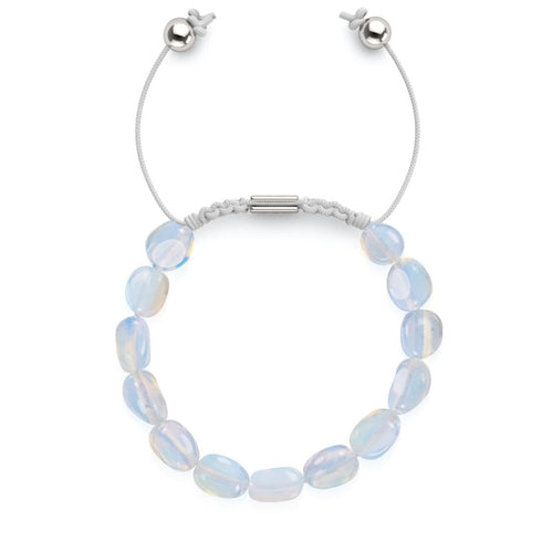 Argent x Blanc | Bracelet Macramé Galet Pierre de Lune Opale